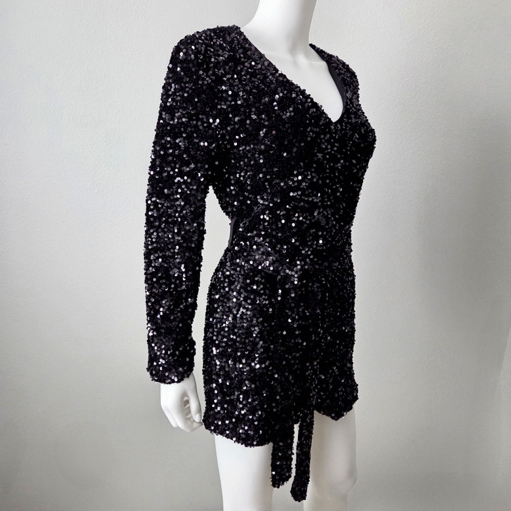 Black Sequin Long Sleeve Romper With V-Neckline & Removable Belt, Size Small - Picture 6 of 16